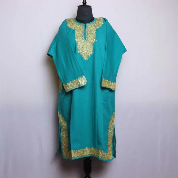 Aqua Cashmilon Pheran with Zari and Sleeve Embroidery - Zikaar Collection - Image 2