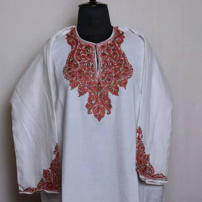 White Cashmilon Pheran with Elegant Sleeve Embroidery - Zikaar Collection