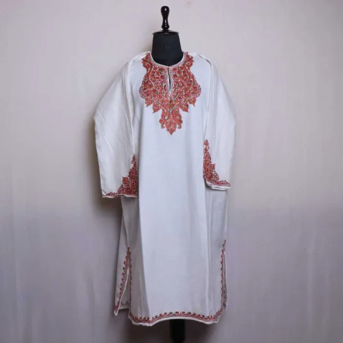 White Cashmilon Pheran with Elegant Sleeve Embroidery - Zikaar Collection - Image 2