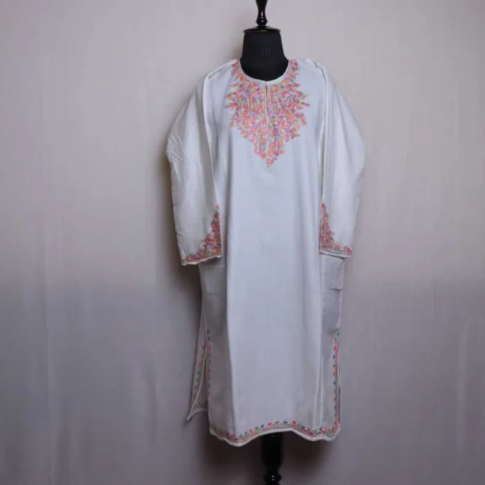 White Cashmilon Pheran with Intricate Sleeve Embroidery - Zikaar Collection - Image 2