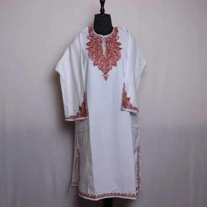 White Cashmilon Pheran | Pheran with Artistic Aari and Sleeve Detailing - Zikaar Collection