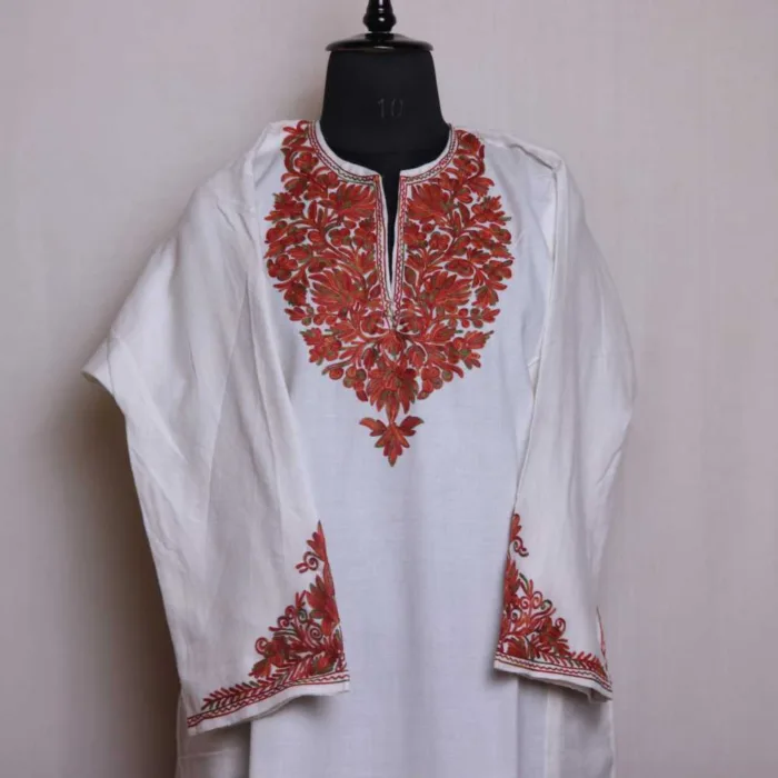 White Pheran with Aari Embroidery and Beautiful Sleeve Work - Zikaar Collection