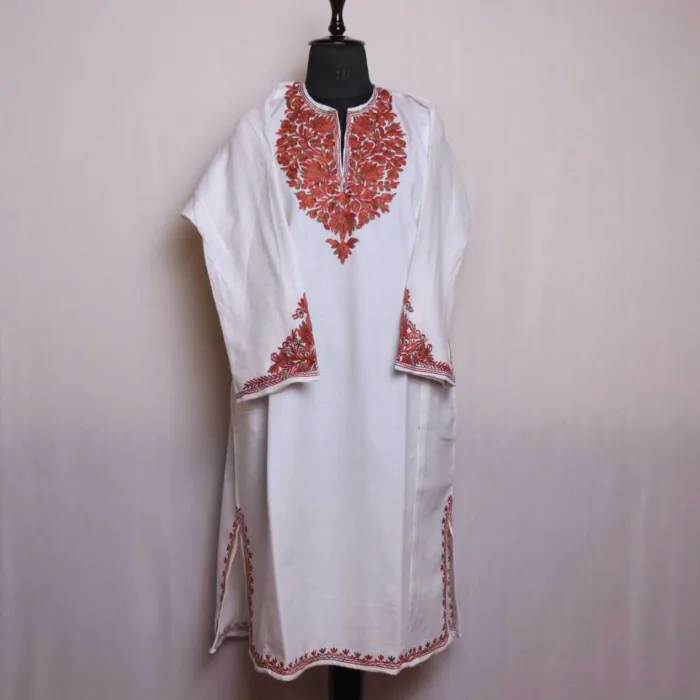 White Pheran with Aari Embroidery and Beautiful Sleeve Work - Zikaar Collection - Image 2