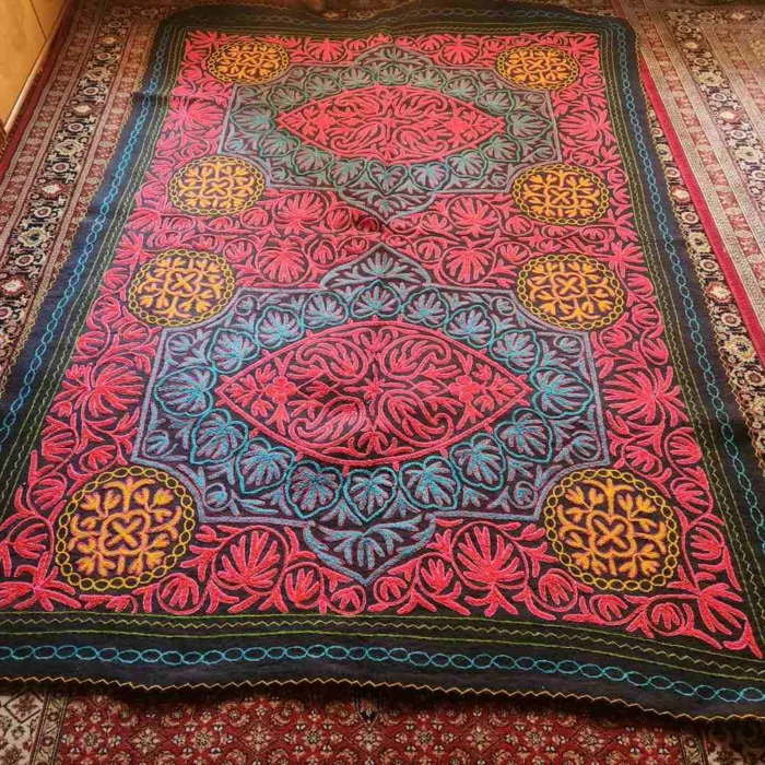 Blue and Red Big Wool Handmade Aari Embroidered Namda Rug 10*7