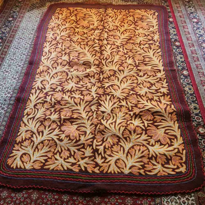 Maroon Big Wool Handmade Aari Embroidered Namda Rug Kashmiri Carpet 9x6