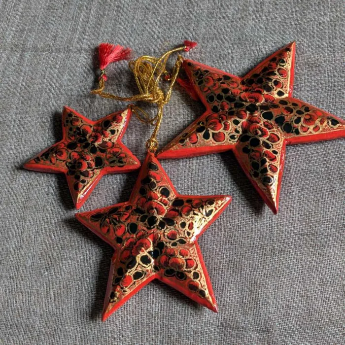 Red and Black Paper Mache Handmade Star Set | Decoration Set | Christmas Decoration