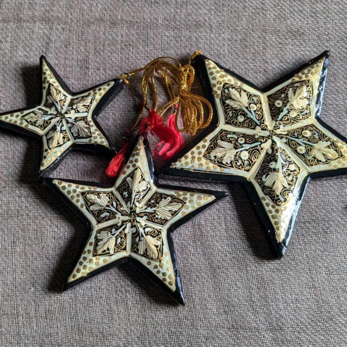 Black and Cream Paper Mache Handmade Star Set | Decoration Set | Christmas Decoration