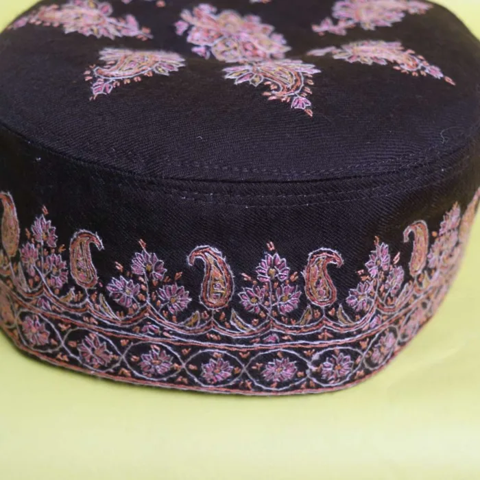 Stylish Brown Nawabi Pashmina Cap Showcasing Hand Sozni Craftsmanship - Image 2