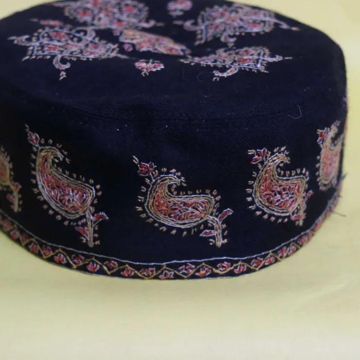 Traditional Black Hilal Shahi  Pashmina Cap with Exquisite Hand Sozni Embroidery - Image 2