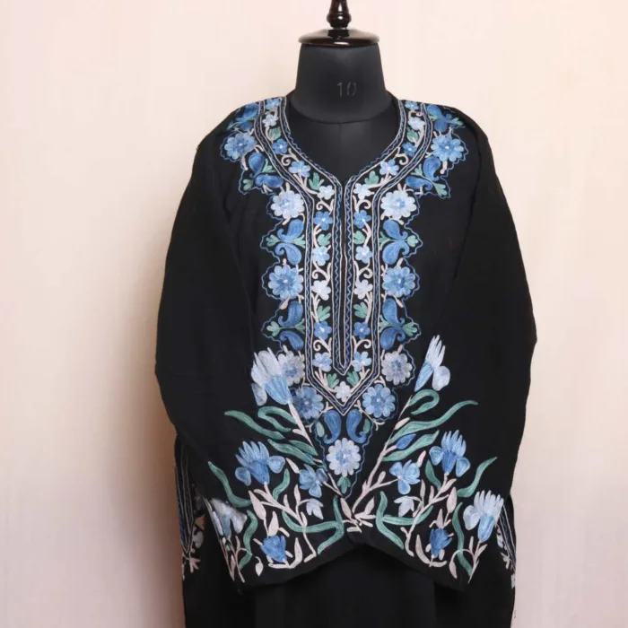 Black Raffal Pheran with Heavy Sleeve and Daman Embroidery - Ashar Collection - Image 2