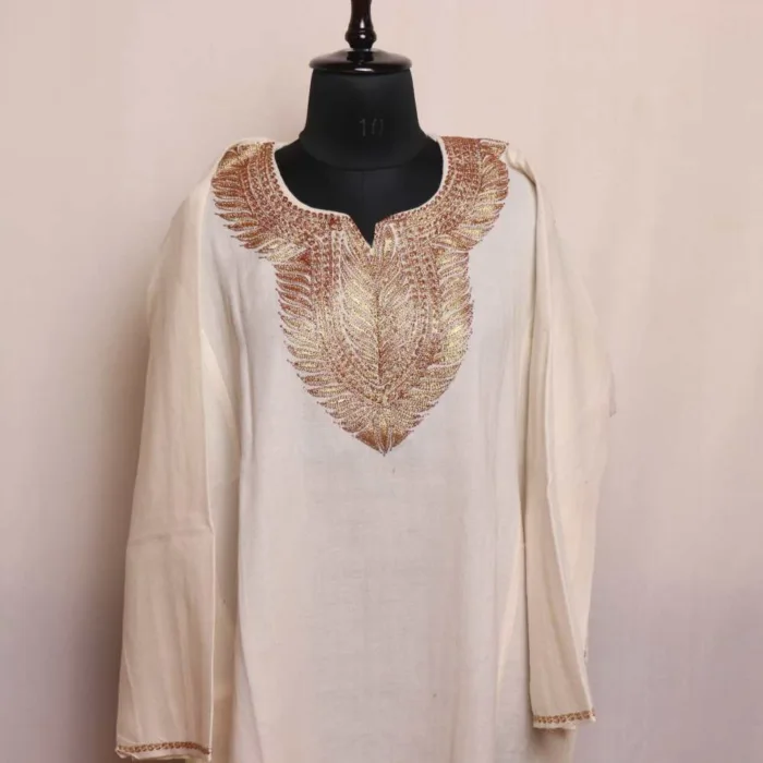 Classic White Tilla Embroidered Pheran | Phiran in Raffal Fabric - Ashar Collection