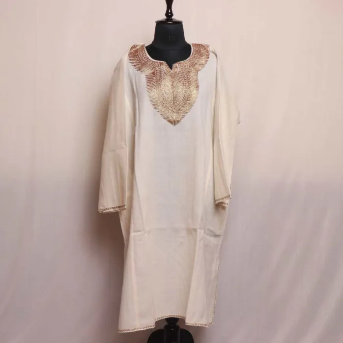 Classic White Tilla Embroidered Pheran | Phiran in Raffal Fabric - Ashar Collection - Image 2