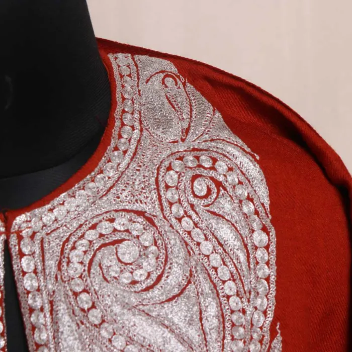 Rustic Red Raffal Tilla Pheran | Phiran with Stole and Traditional Embroidery - Ashar Collection - Image 3