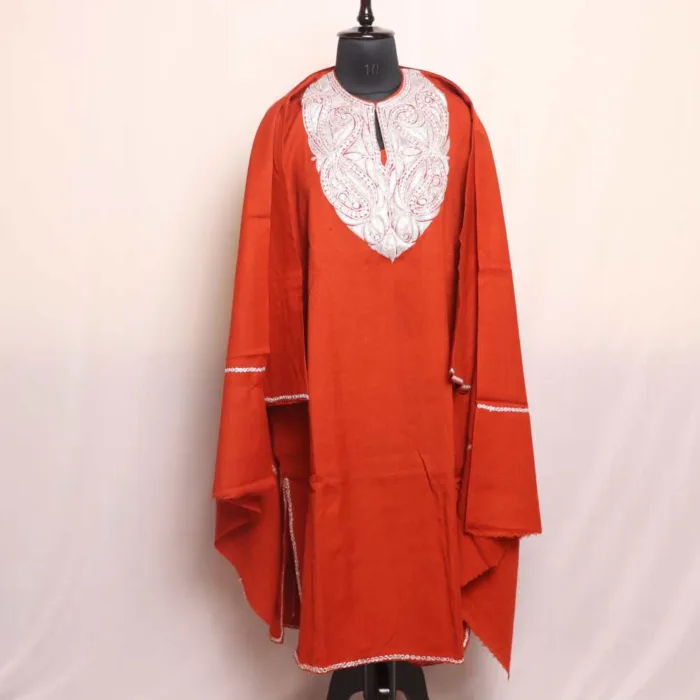 Rustic Red Raffal Tilla Pheran | Phiran with Stole and Traditional Embroidery - Ashar Collection