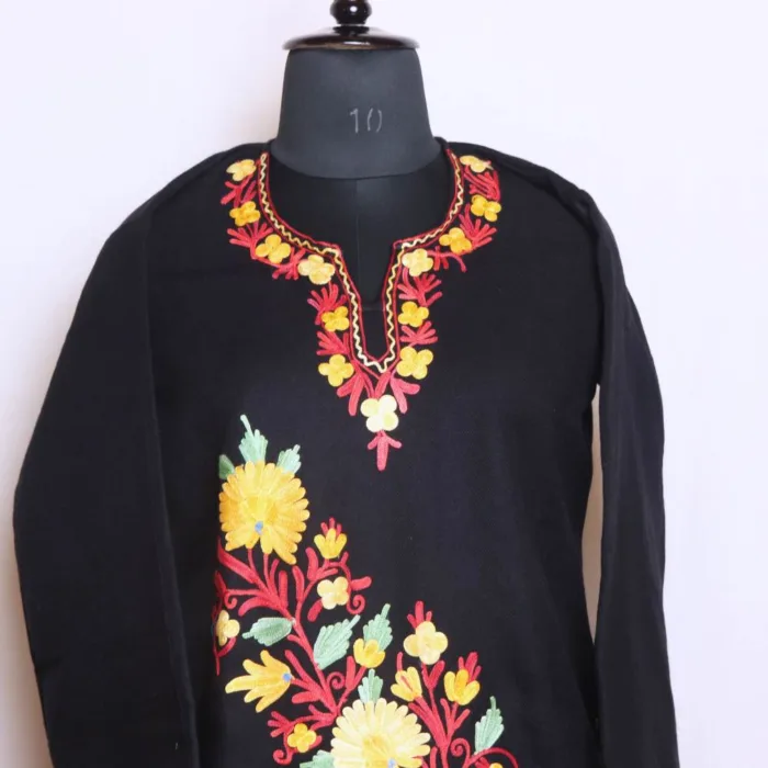 Winter-Wear Black Cashmilon Short Kurta with Stylish Heavy Damaan Aari Embroidery - Dalgate Collection - Image 2