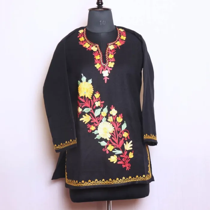 Winter-Wear Black Cashmilon Short Kurta with Stylish Heavy Damaan Aari Embroidery - Dalgate Collection