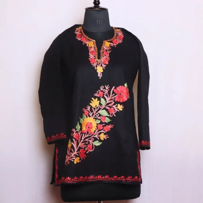 Black Cashmilon Short Kurta with Heavy Damaan Aari Detailing - Dalgate Collection