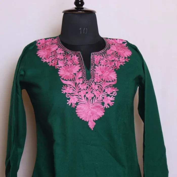 Dark Green Cashmilon Short Kurta with Elegent Aari Embroidery - Dalgate Collection - Image 2