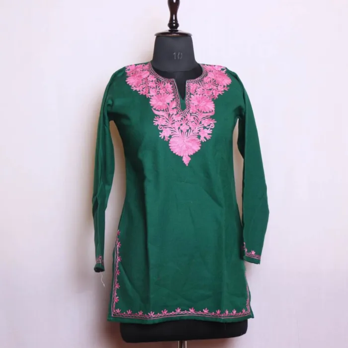 Dark Green Cashmilon Short Kurta with Elegent Aari Embroidery - Dalgate Collection