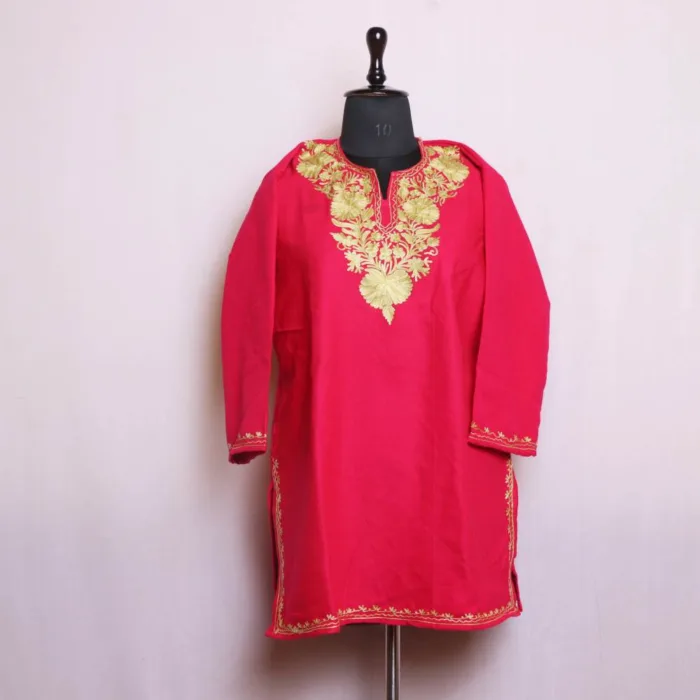 Hot Pink Cashmilon Short Kurta with Aari Craftsmanship - Dalgate Collection