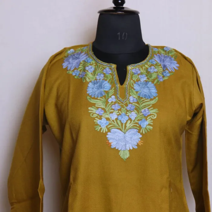 Green Cashmilon Short Kurta with Aari Patterns - Dalgate Collection - Image 2