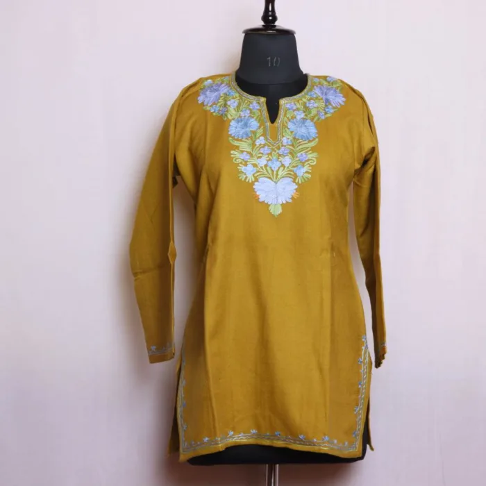 Green Cashmilon Short Kurta with Aari Patterns - Dalgate Collection