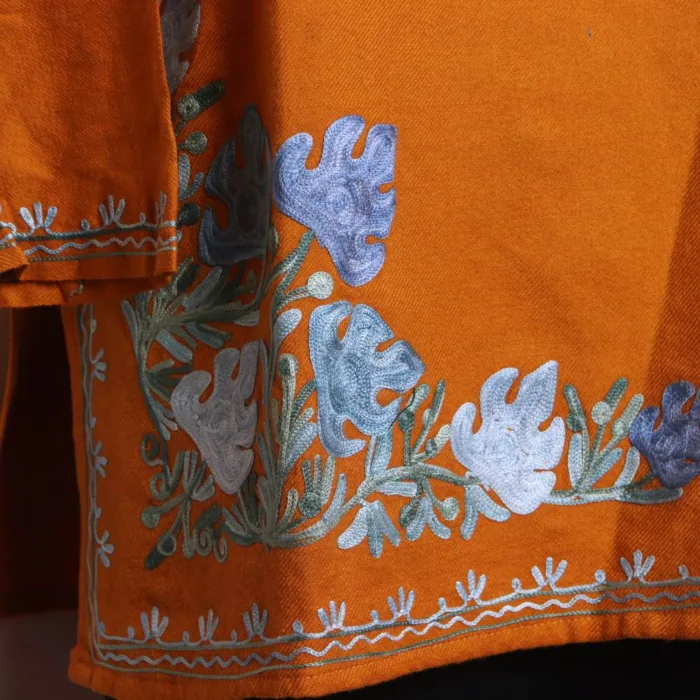 Mustard Cashmilon Short Kurta with Classic and Side Damaan Floral Aaribroidery - Dalgate Collection - Image 4