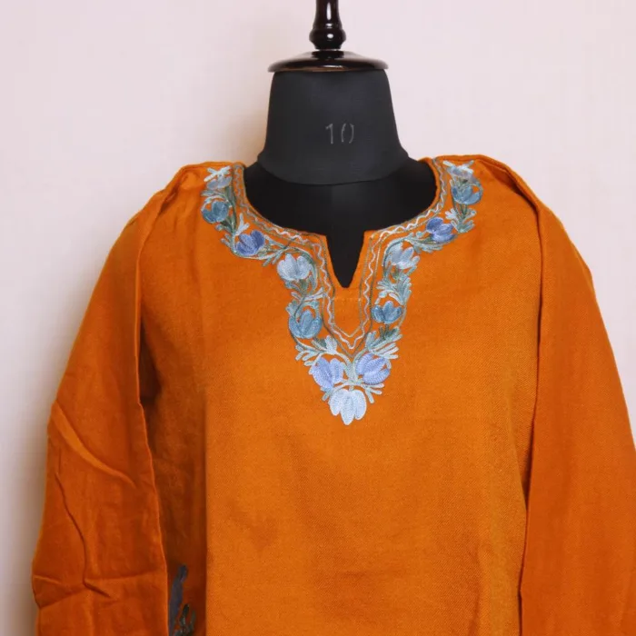 Mustard Cashmilon Short Kurta with Classic and Side Damaan Floral Aaribroidery - Dalgate Collection - Image 2