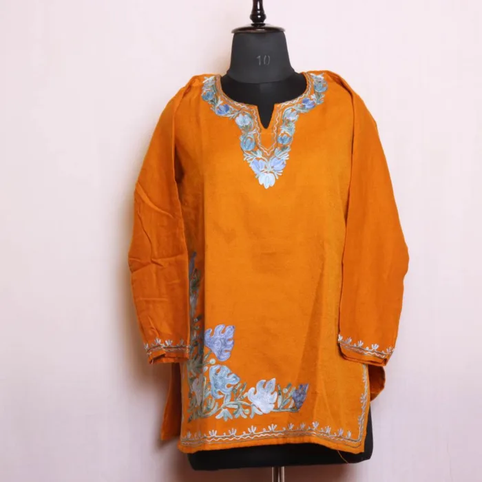 Mustard Cashmilon Short Kurta with Classic and Side Damaan Floral Aaribroidery - Dalgate Collection