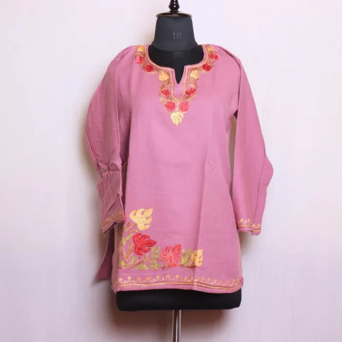 Stunning Light Pink Cashmilon Short Kurta with Elegant and Side Damaan Floral Aari Details - Dalgate Collection