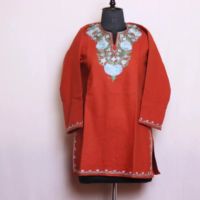 Warm Rustic Cashmilon Short Kurta with Refined Aari Embroidery - Dalgate Collection