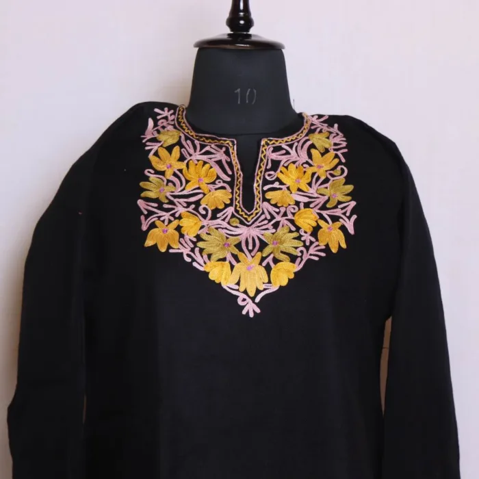 Sophisticated Black Cashmilon Short Kurta with Beautiful Aari Work - Dalgate Collection - Image 2