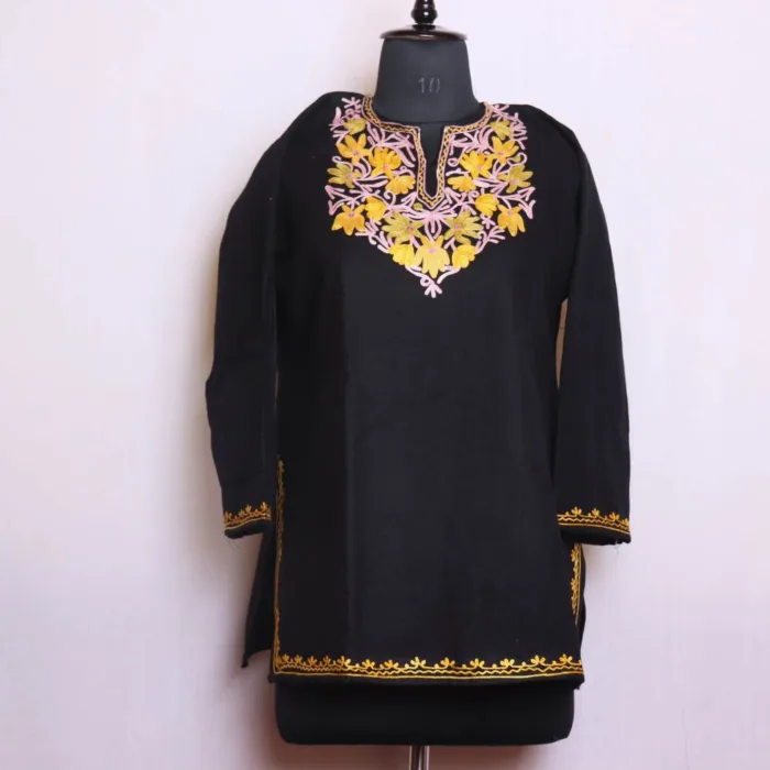 Sophisticated Black Cashmilon Short Kurta with Beautiful Aari Work - Dalgate Collection