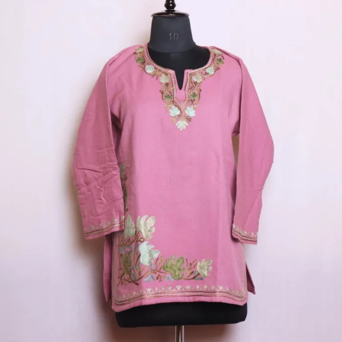 Light Pink Cashmilon Short Kurta with Artistic and Side Damaan Floral Aari Embroidery - Dalgate Collection