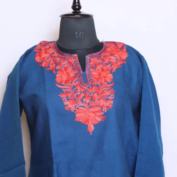 Elegant Royal Blue Cashmilon Short Kurta with Intricate Aari Designs - Dalgate Collection - Image 3