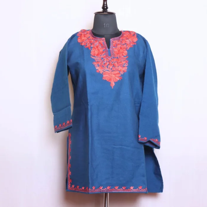 Elegant Royal Blue Cashmilon Short Kurta with Intricate Aari Designs - Dalgate Collection