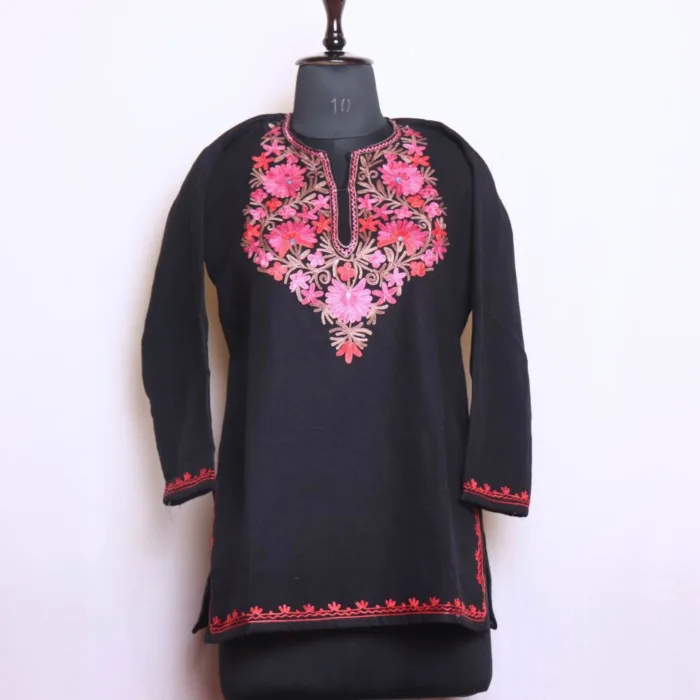 Stylish Black Cashmilon Short Kurta Adorned with Aari Work - Dalgate Collection