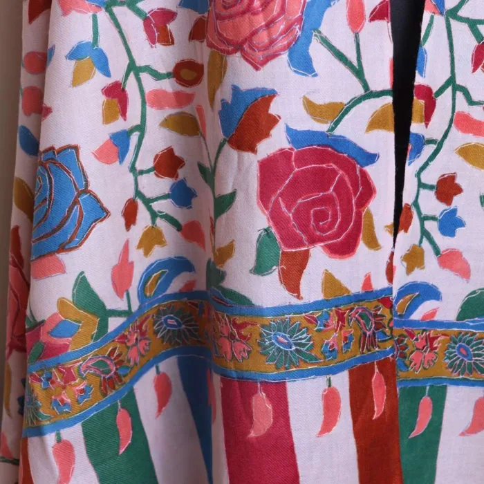 Natural Rose Kalamkari Polywool Stole With Hand Needle Outline Embroidery | Mughal Collection - Image 2