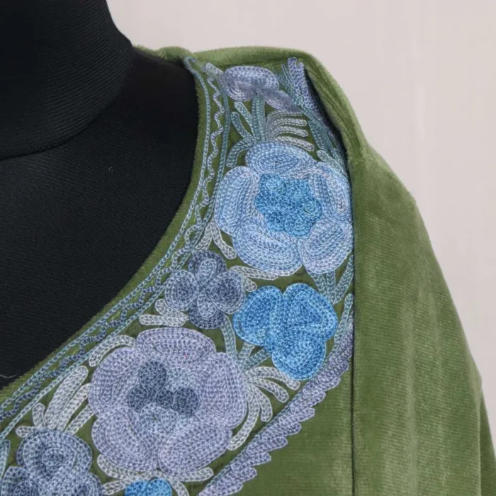 Light Mehndi Green Velvet Aari Round Kurti with Intricate Embroidery - Rubeen Collection - Image 3