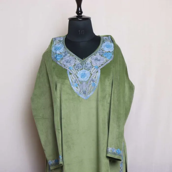 Light Mehndi Green Velvet Aari Round Kurti with Intricate Embroidery - Rubeen Collection - Image 2