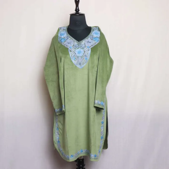 Light Mehndi Green Velvet Aari Round Kurti with Intricate Embroidery - Rubeen Collection