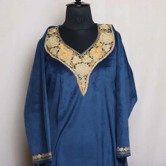 Navy Blue Round Velvet Aari Embroidered Kurti - Rubeen Collection - Image 2