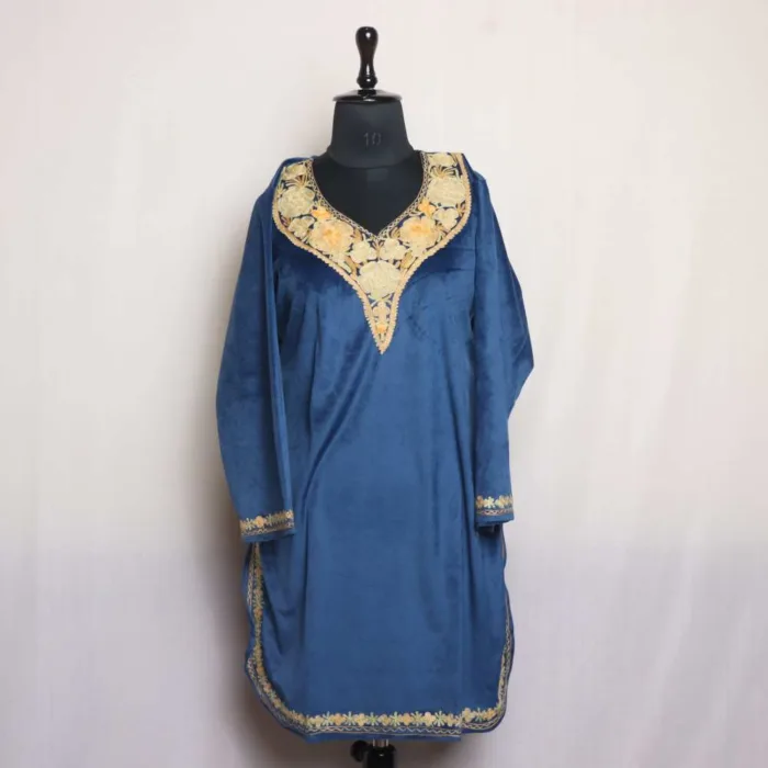 Navy Blue Round Velvet Aari Embroidered Kurti - Rubeen Collection