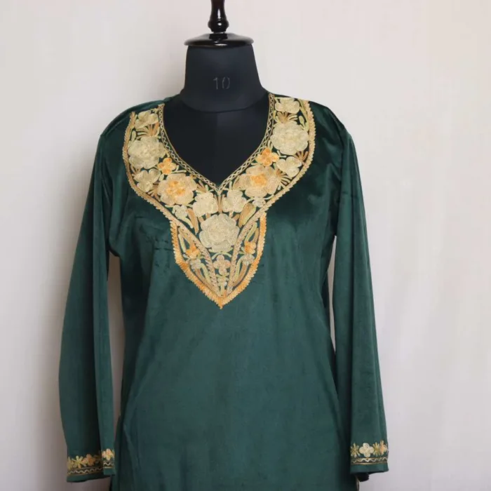 Dark Green Velvet Aari Round  Kurti with Detailed Embroidery - Rubeen Collection - Image 2