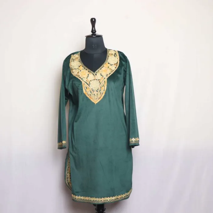 Dark Green Velvet Aari Round  Kurti with Detailed Embroidery - Rubeen Collection