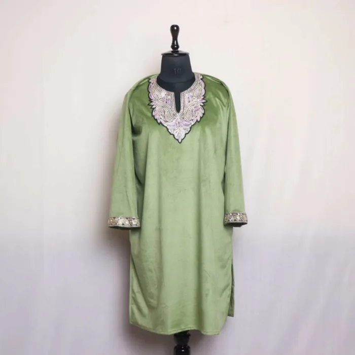 Green Velvet Tilla Kurti Top with Intricate Embroidery - Rubeen Collection