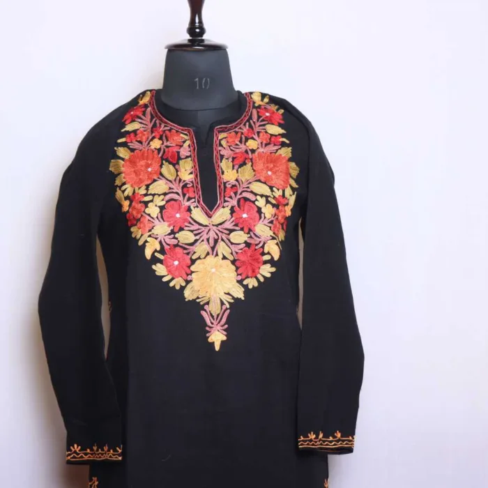 Black Cashmilon Long Woolen Kurta with Refined Aari Work - Bulbul Collection