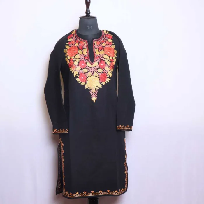 Black Cashmilon Long Woolen Kurta with Refined Aari Work - Bulbul Collection - Image 2