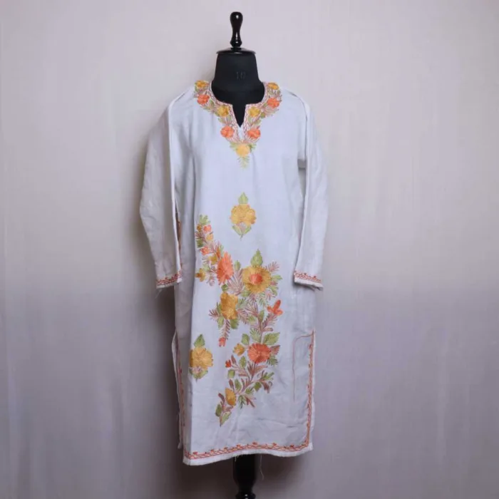 White Long Woolen Kurta with Elegant Heavy Damaan Aari Detailing - Bulbul Collection