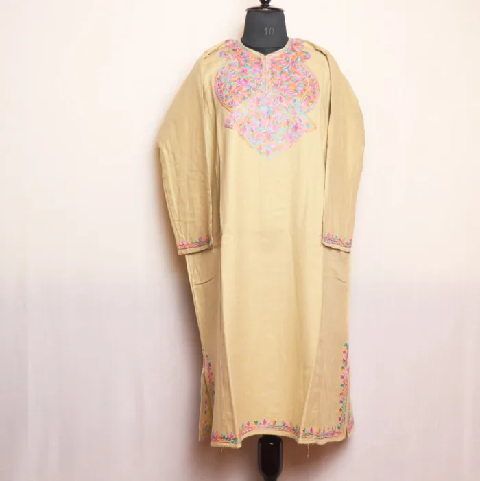 Classic Beige Cashmilon Pheran with Fine Aari Embroidery - Zikr Collection - Image 2